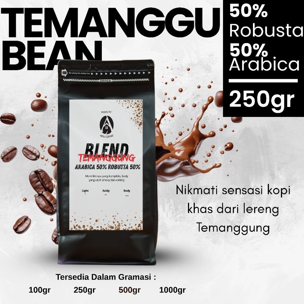 

BIJI KOPI 50%ARABIKA 50%ROBUSTA 250gr By Abiu Coffee
