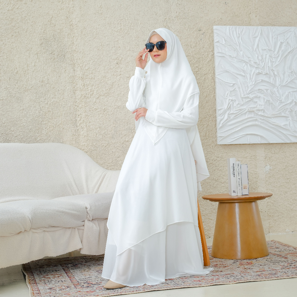 Gamis putih syari ceruti jilbab instan busana umroh haji Yumi