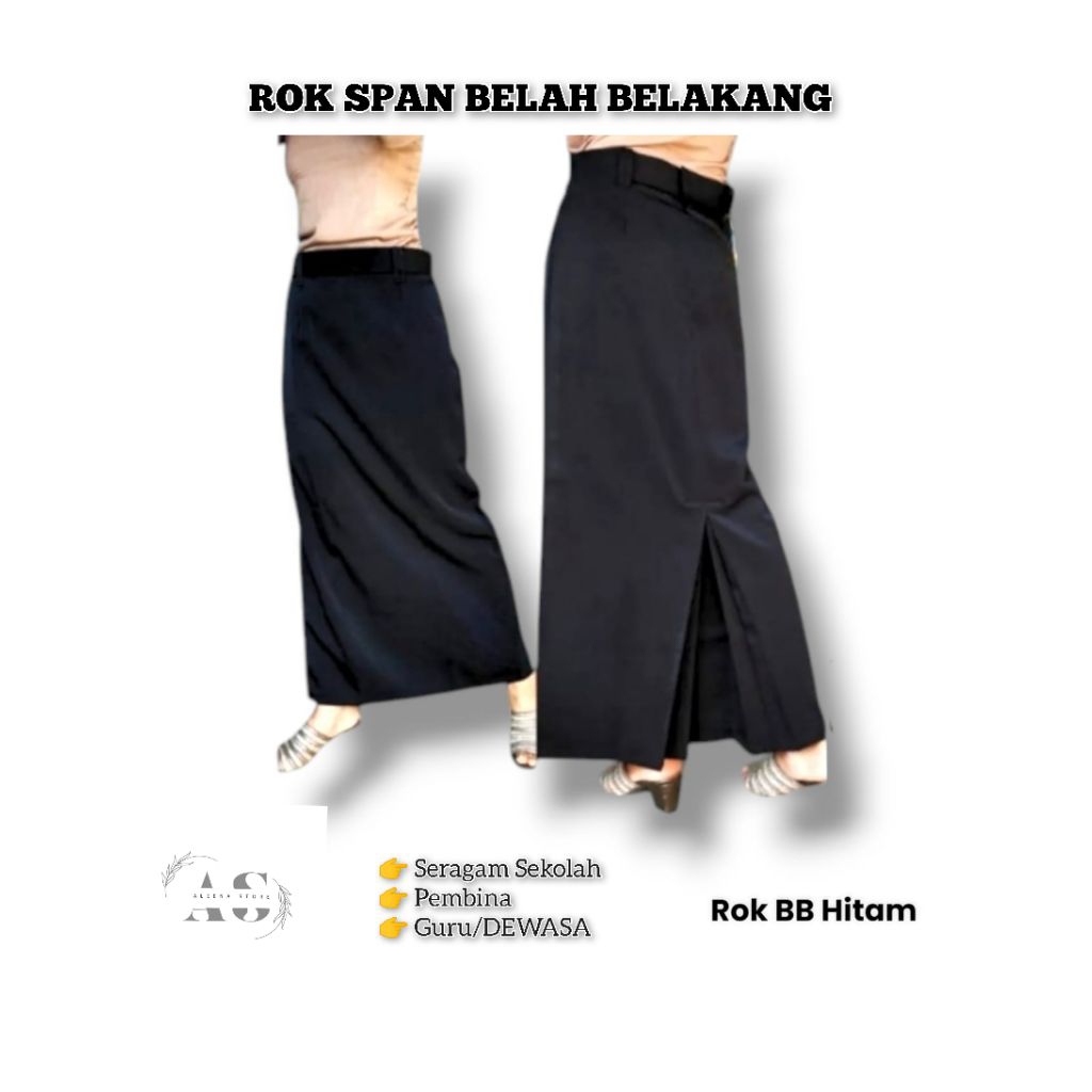 Rok Span Hitam Belah Belakang Bahan High twis Licin Rok kerja