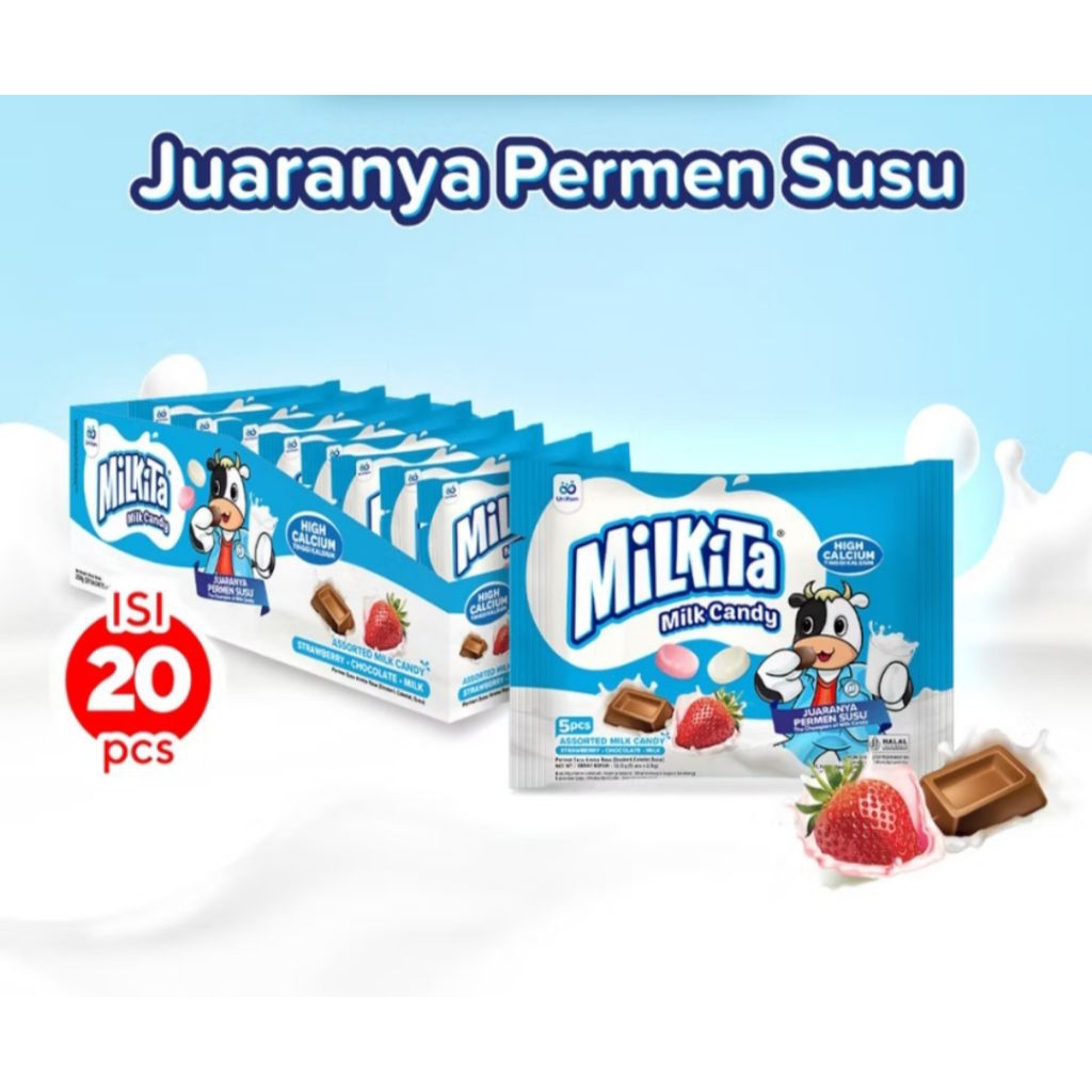 

Milkita Permen Susu POCKET (1Box: 20 x @5pcs) - Permen Milkita Rasa Cokelat, Stroberi & Melon / Permen Susu Tinggi Kalsium / Permen Susu / Hampers Lebaran / Permen Susu Milkita / Milkita Permen Toples / Permen Susu Saku / Permen Susu Murah / Permen Saku