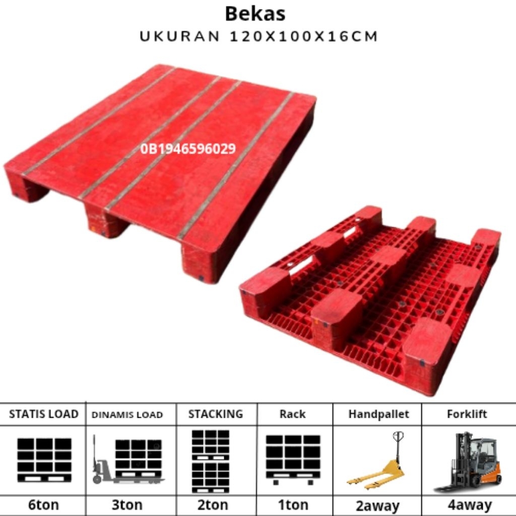 PALLET PLASTIK BEKAS TEBAL 120X100X16CM UNTUK TATAKAN BARANG DI GUDANG PENYIMPANAN BARANG INDUSTRI