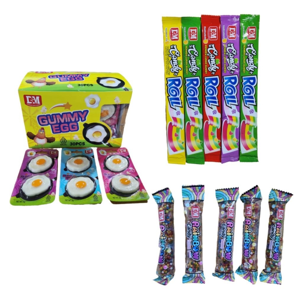 

PAKET GUMMY CANDY...1BOX GUMMY EGG 30PCS + 15PCS CANDY ROLL + 15PCS RAINBOW CANDY