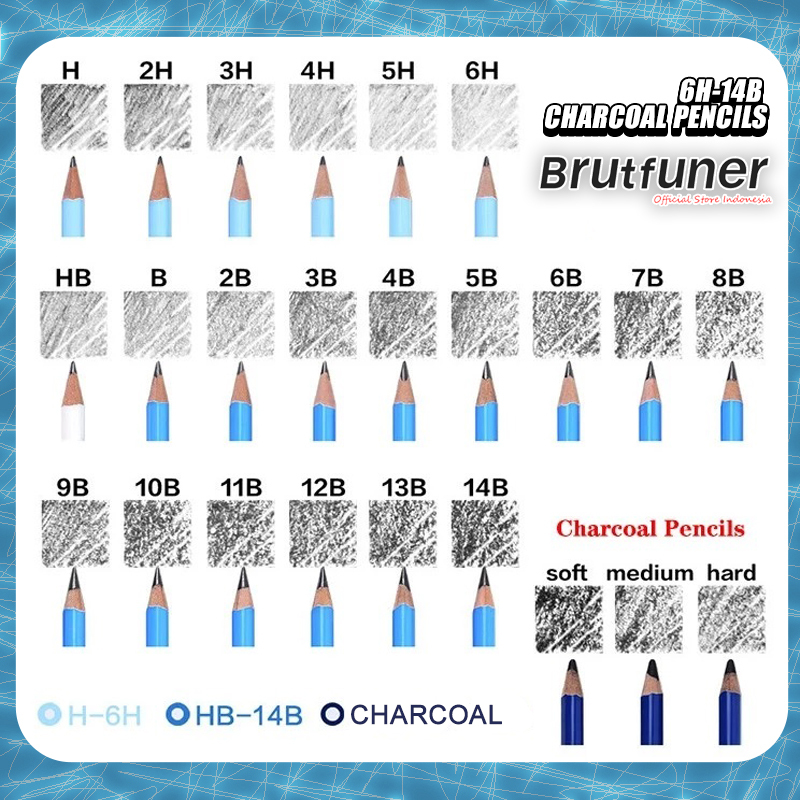 

Brutfuner Original Pensil 6H -14B Hard Medium Soft Charcoal Sketsa Profesional isi 24 Pcs