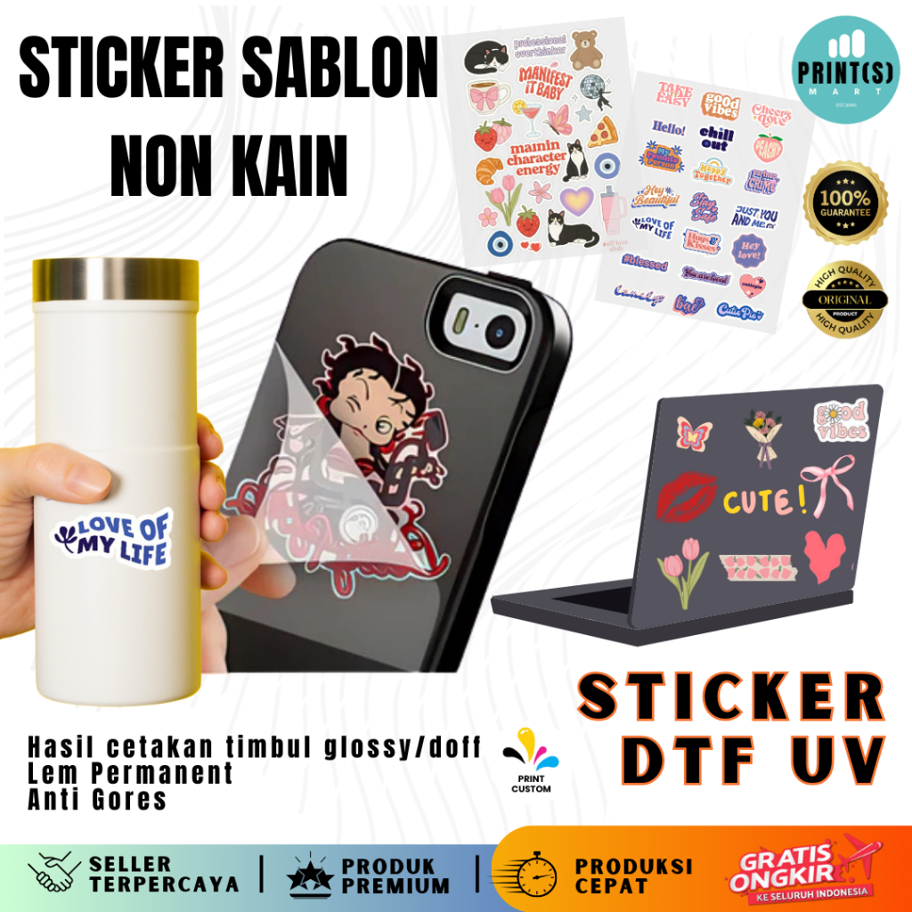 

STIKER DTF UV Cetak Sticker Sablon Non Kain bisa Timbul Tempel langsung di Media / Stiker Decal kering Sticker Custom Fullcolor