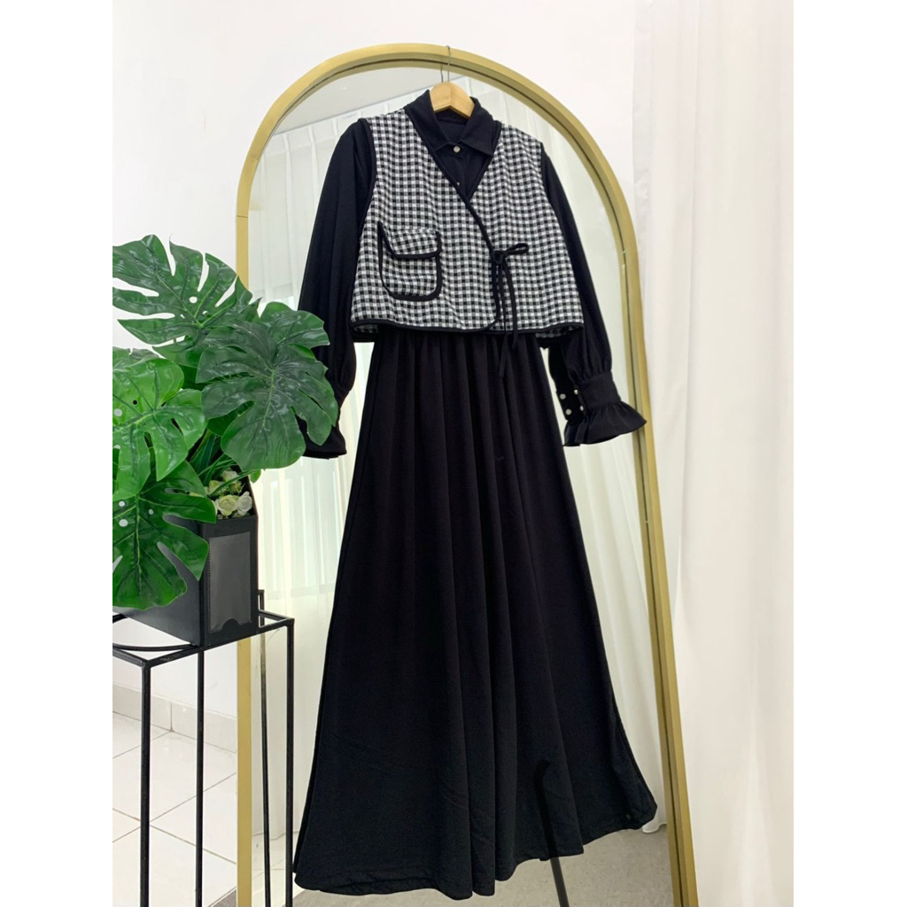 Yoora Dress Gamis Set Rompi Vest Wanita Busui Friendly Motif Kotak