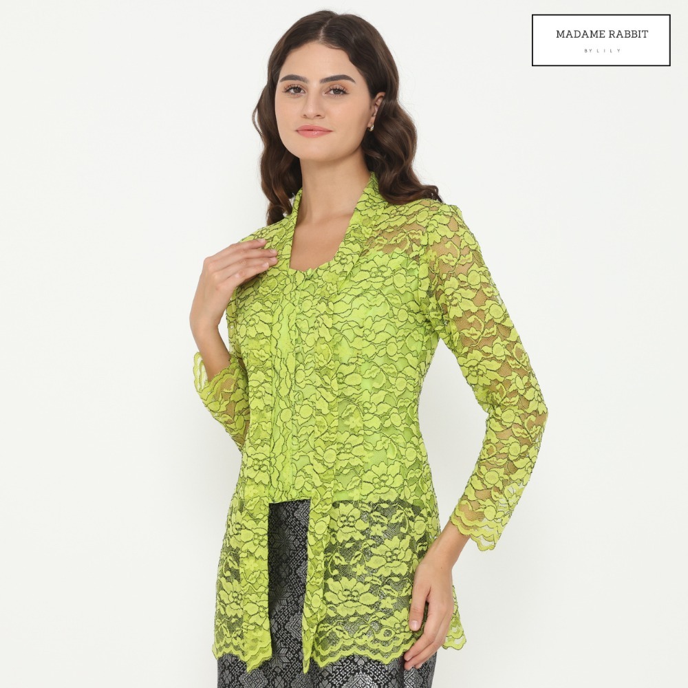 Kebaya Brokat Halus Lengan Panjang Madame Rabbit Bright Lemon Hijau Furing Kemben Simple Cantik