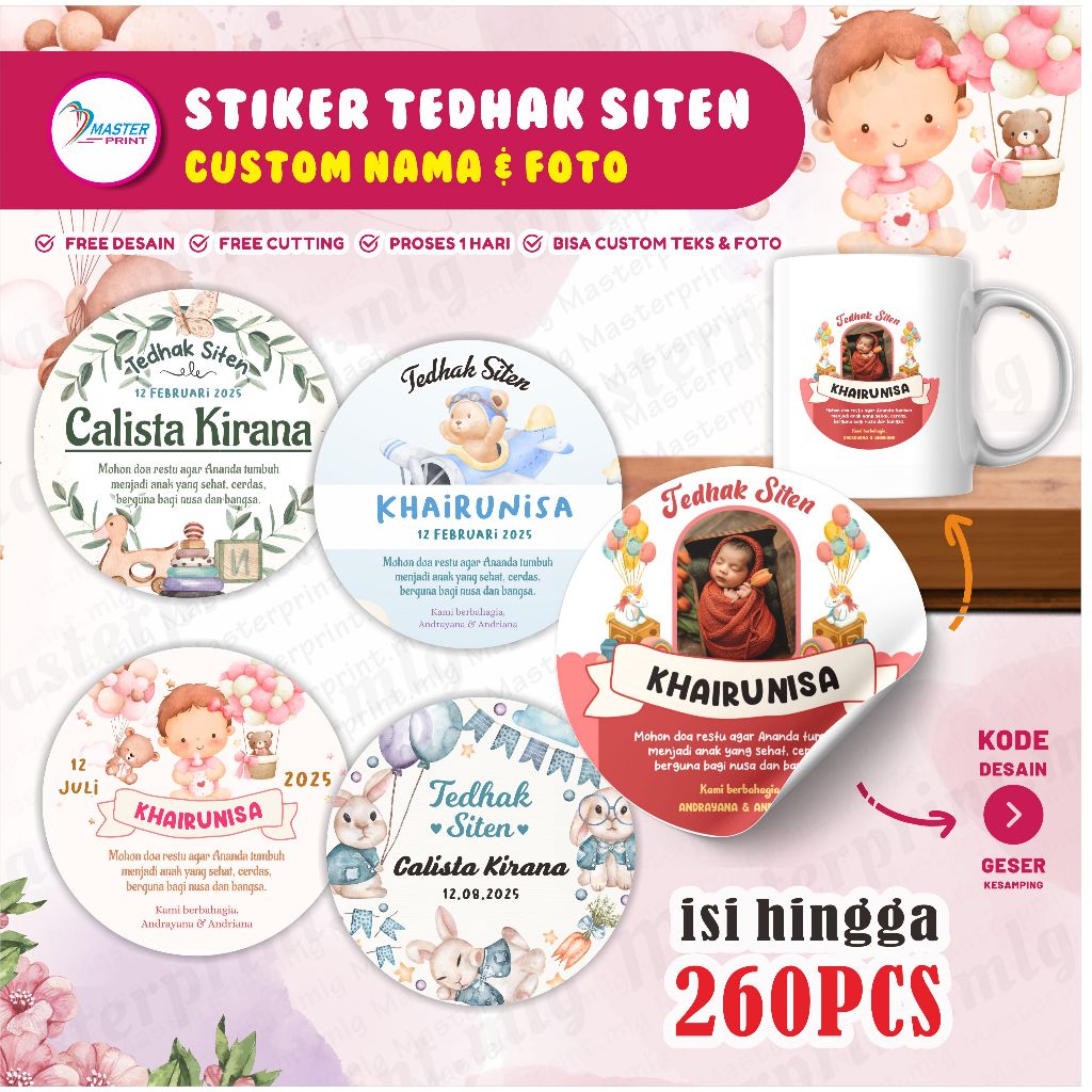 

[mp84] 260pcs Stiker Tedhak SIten Custom souvenir baby born stiker lahiran bayi