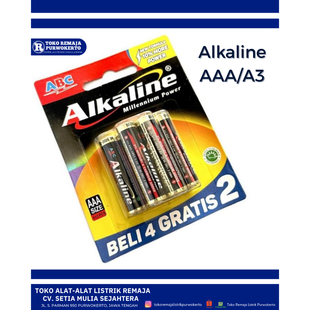 Batu Baterai ABC Alkaline AAA / A3 Kecil Alkaline SNI