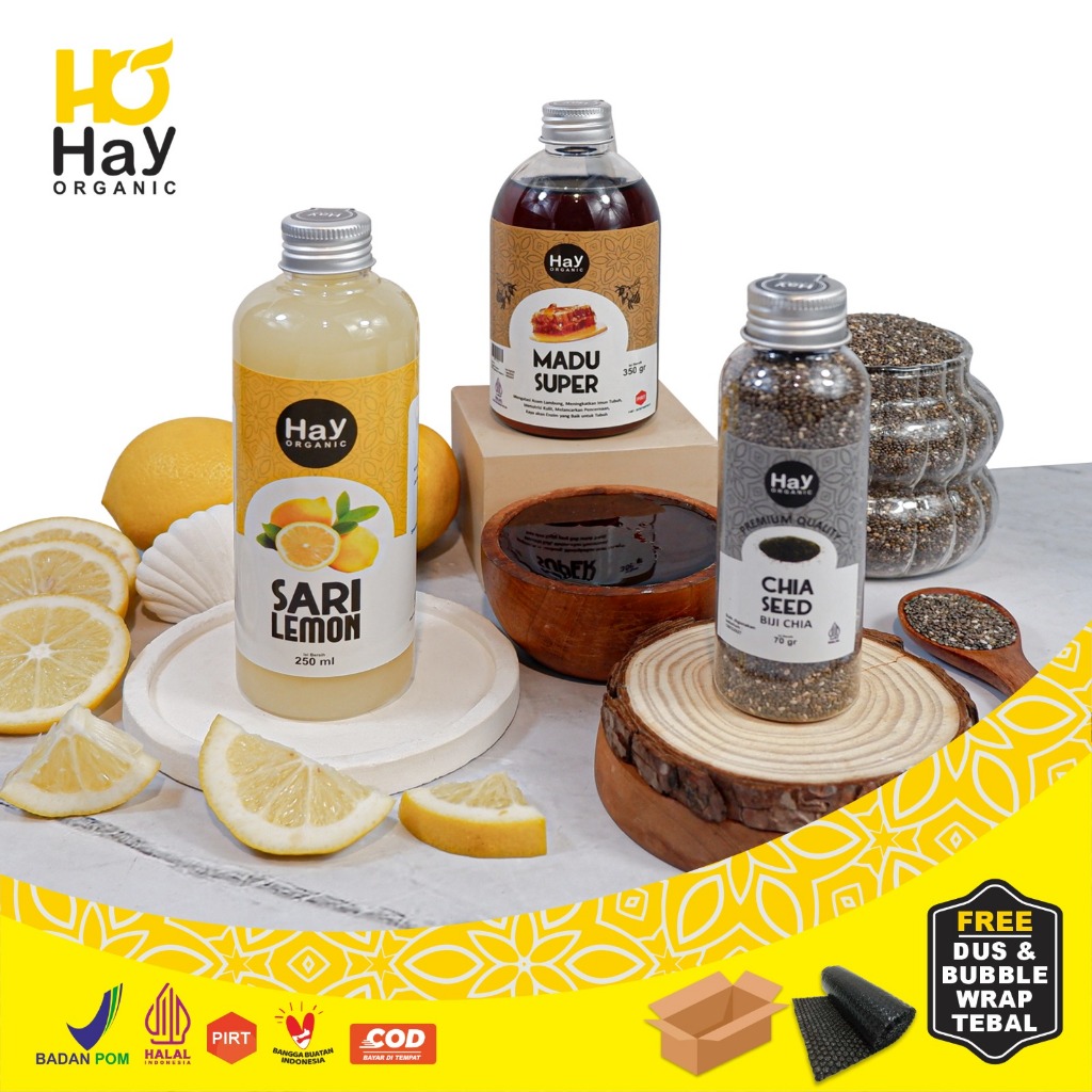 

Hay Organic - Paket Diet Detoks Alami Sari Lemon 250ml, Chia Seeds 70gr dan Madu Super 350gr