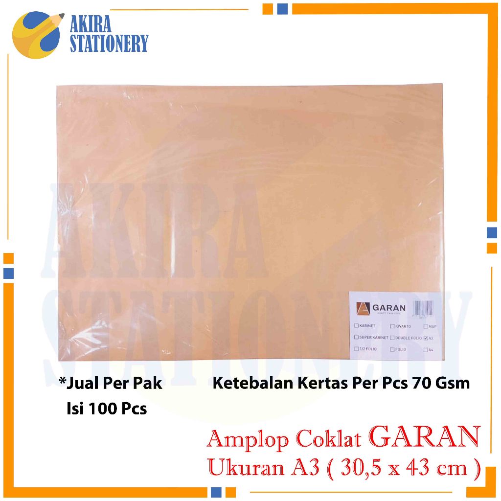 

Amplop Coklat GARAN A3 / Amplop Dokumen Kertas Ukuran 30,5 x 43 / Tebal kertas 70 Gsm isi 100 lembar