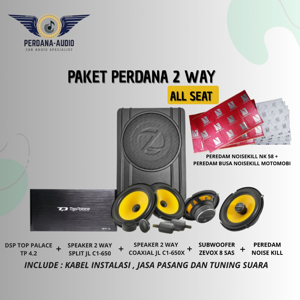Paket Audio Mobil Perdana 2 Way All Seat Jl Audio + DSP Top Palace TP 4.2 & Subwoofer + Peredam Pint