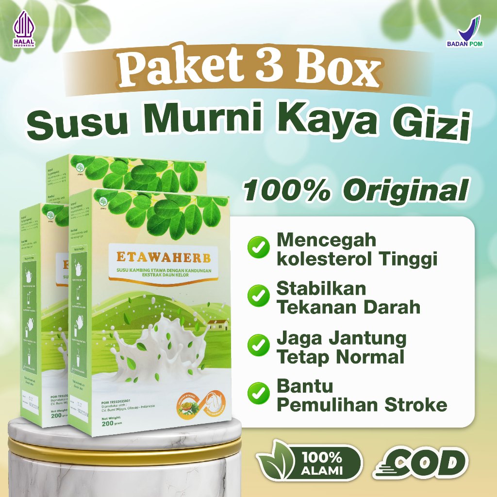 

PAKET 3 BOX Etawaherb Susu Kesehatan Herbal | Atasi Stroke, Jantung, Kolesterol & Tekanan Darah Tinggi | Susu Etawa + Daun Kelor BPOM Halal | Jaga Sirkulasi & Imun Tubuh | COD