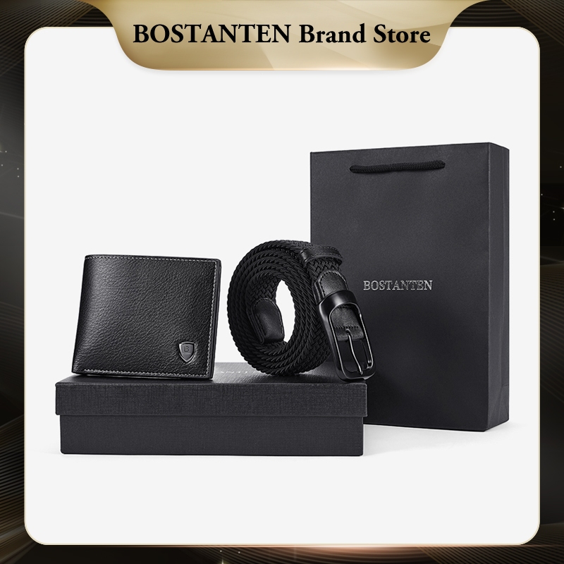 [New Arrival]BOSTANTEN Set Kombinasi Dompet PU Dan Sabuk Pria Jalinan Elastis 25202 (Kotak+Tas Kado)
