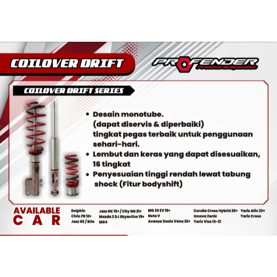 Shockbreaker Suspensi COILOVER PROFENDER DRIFT Mazda 2 DJ Skyactive Yaris Vios 13+ 18+ Jazz GE GK mo