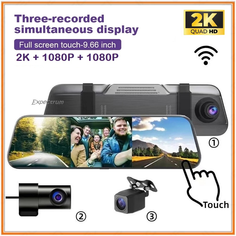 Car DVR / Dashcam mobil 3 Camera Mirror Dash Camera HD 2K  WIFI, Front Rear & Cabin