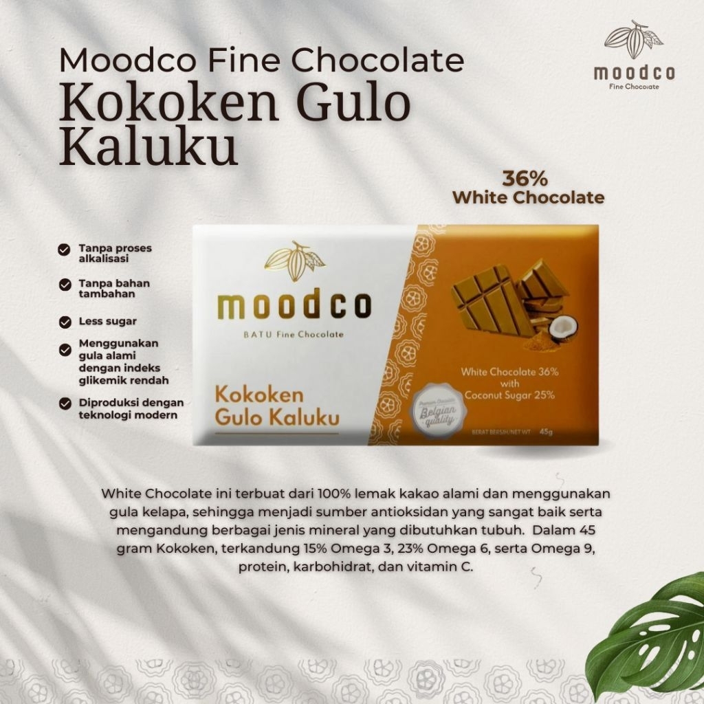 

Moodco | Kokoken Gulo Kaluku White Chocolate 36% | Fine Chocolate | Cokelat Sehat