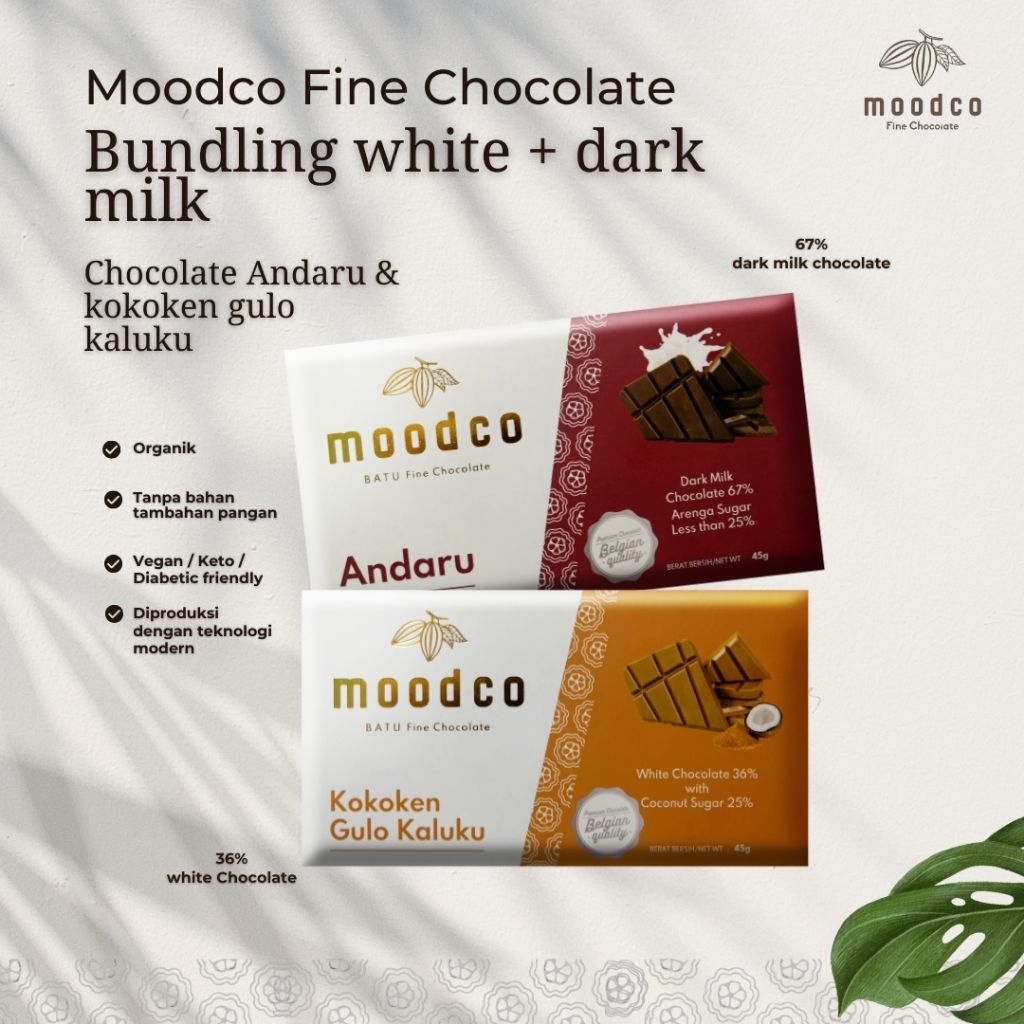 

Moodco Fine Chocolate | Bundling 2 varian Cokelat Andaru & Kokoken | Dark Milik Chocolate & White Chocolate 45 gr| Real Coklat Bukan Coklat Kompon