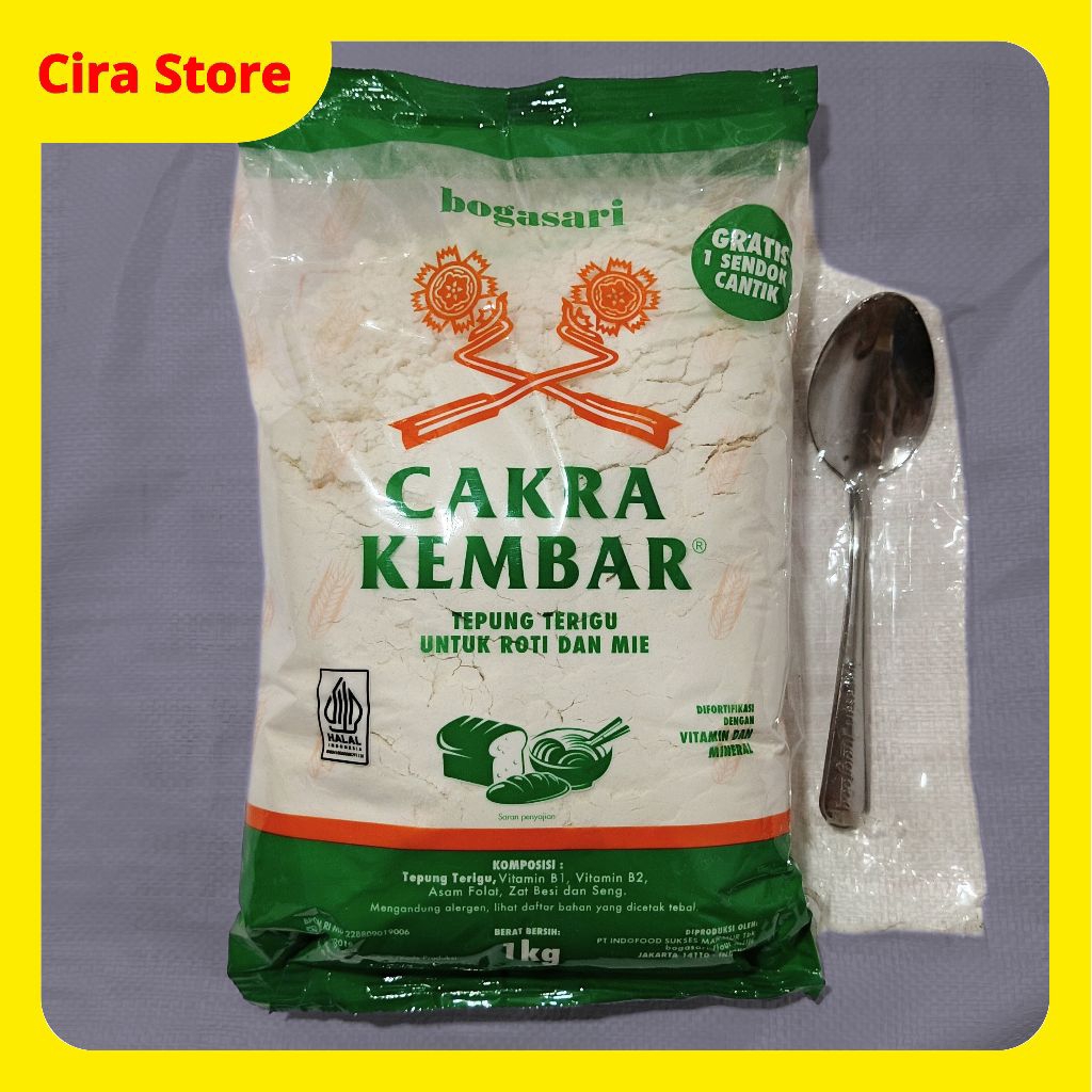 

Tepung Terigu Bogasari Cakra Kembar 1 kg Gratis Sendok