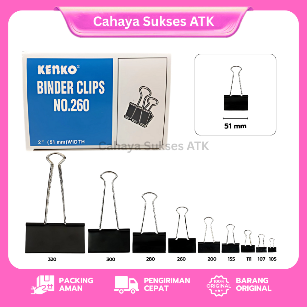 

Kenko Binder Clip 260 – Penjepit Kertas / Penjepit Dokumen / Klip Kertas 51 Mm