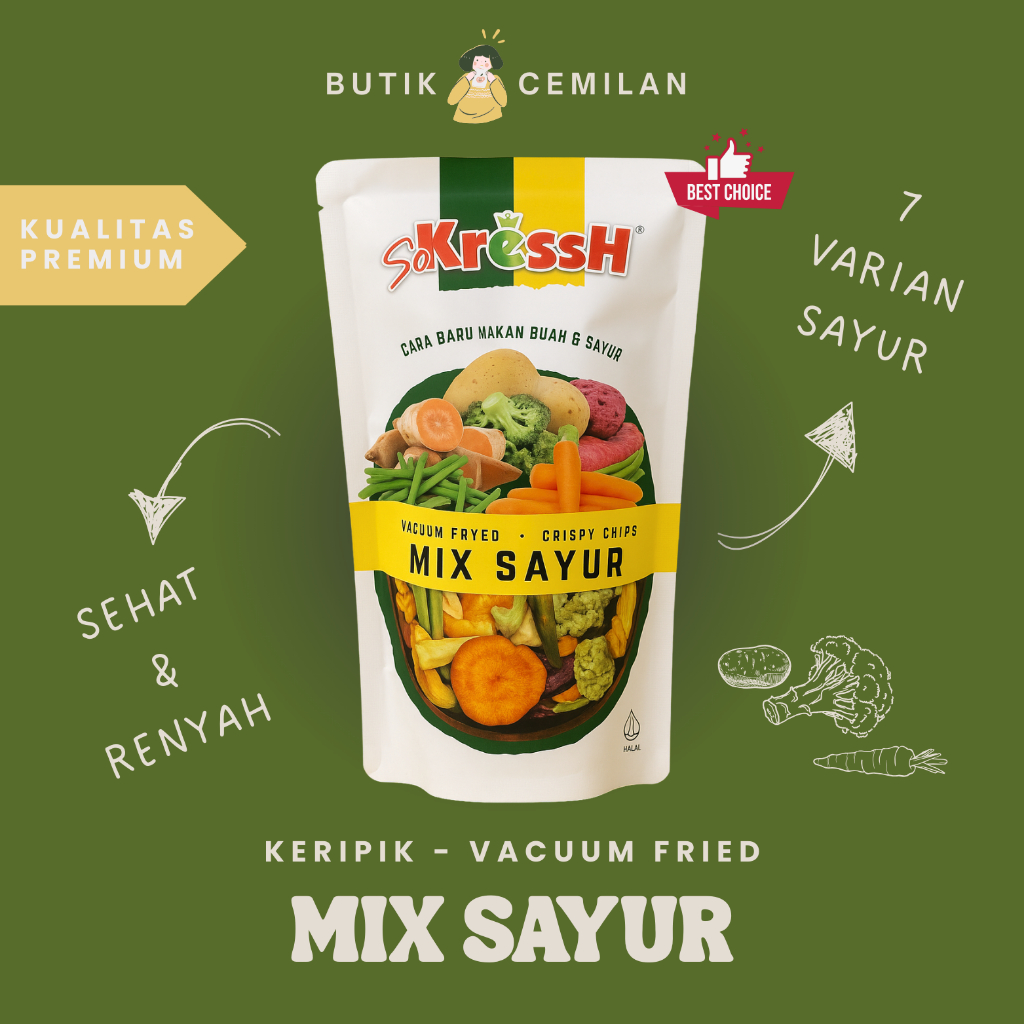 

Keripik Mix Sayur Sokressh 100gr – Snack Sehat Renyah Aneka Sayuran Asli Malang
