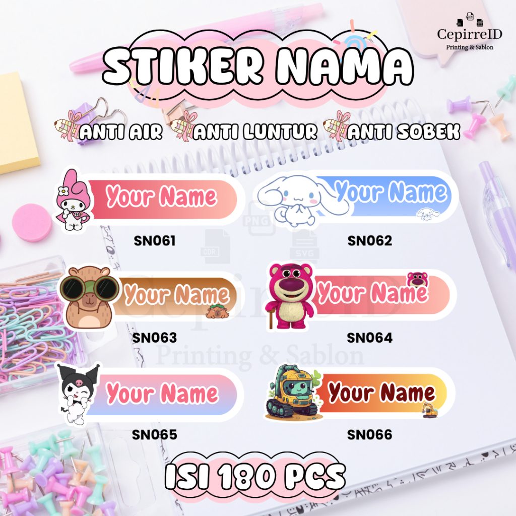

CepirreID - Stiker Nama 180pcs ANTI AIR WATERPROOF Vinyl Label Stiker Anak Sekolah ATK Alat Makan