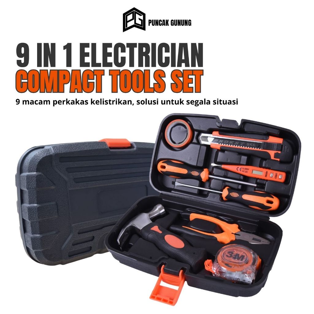 NEW PORODUK SET BOX PERKAKAS LISTRIK 9 IN 1 SET OBENG TANG PALU METERAN ISOLASI TOOLKIT LENGKAP BOX