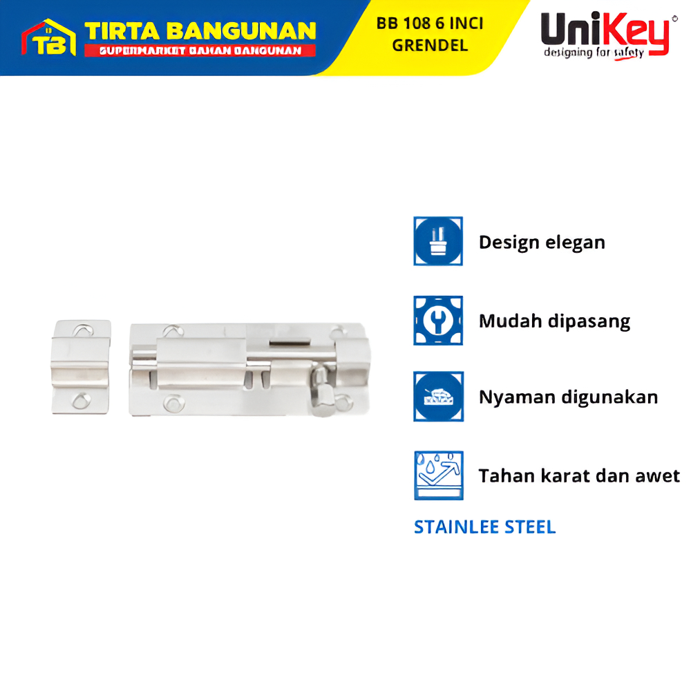 UNIKEY BB108 6" GRENDEL KUNCI SLOT PINTU JENDELA STEINLESS STEEL