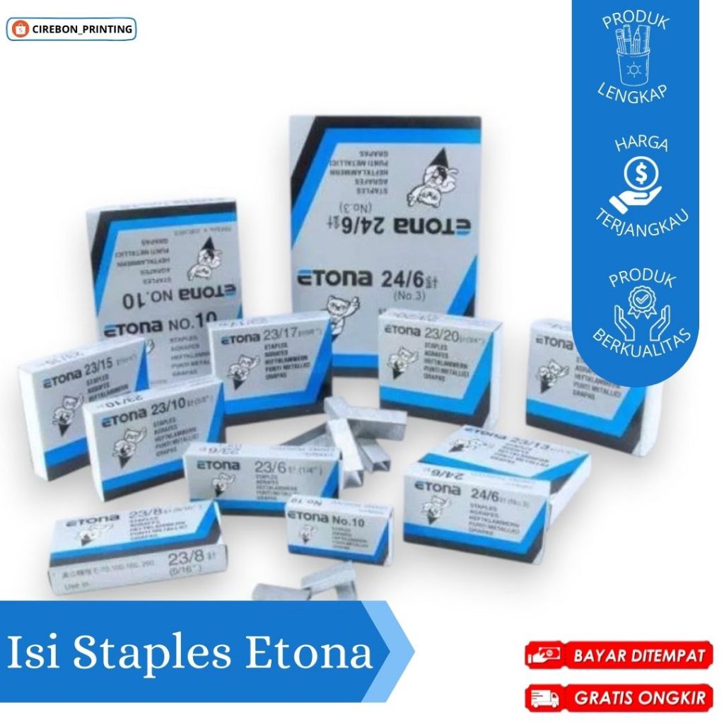 

ISI STAPLES / ISI STAPLER / ISI HEKTER / ISI STAPLES ETONA / ISI STAPLES NO. 10 / ISI STAPLES NO. 3 / ALAT TULIS KANTOR / CIREBON / COD / GRATIS ONGKIR