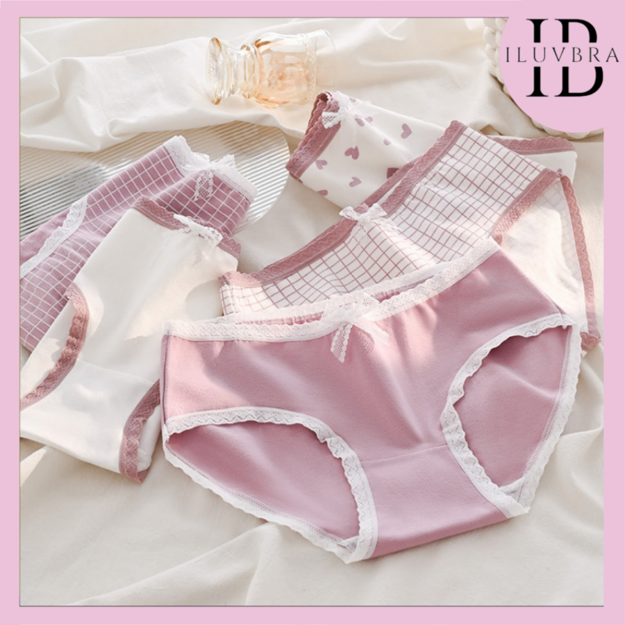 •ILUVBRA• CD2140 Celana Dalam Wanita Motif Pita Putih Lucu Adem Renda Fashion Korea Mauve
