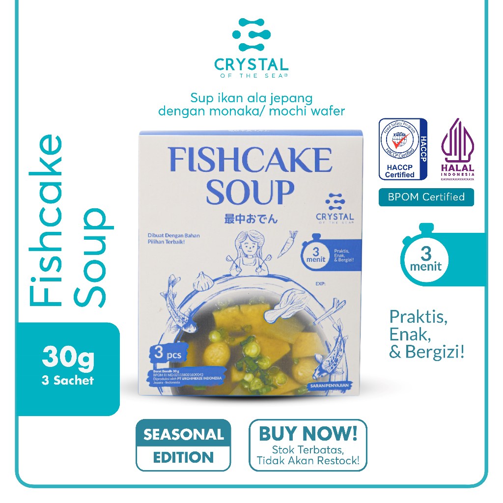 

Crystal of The Sea | Fishcake Soup (3pcs) / Monaka Soup/ Sup kue Ikan Instan ala Jepang / Praktis Tinggal Seduh / Tanpa MSG & Pengawet / Ringan & Bergizi untuk Segala Usia / Cocok untuk Anak-anak & Dewasa / Kaya Protein & Rasa Umami