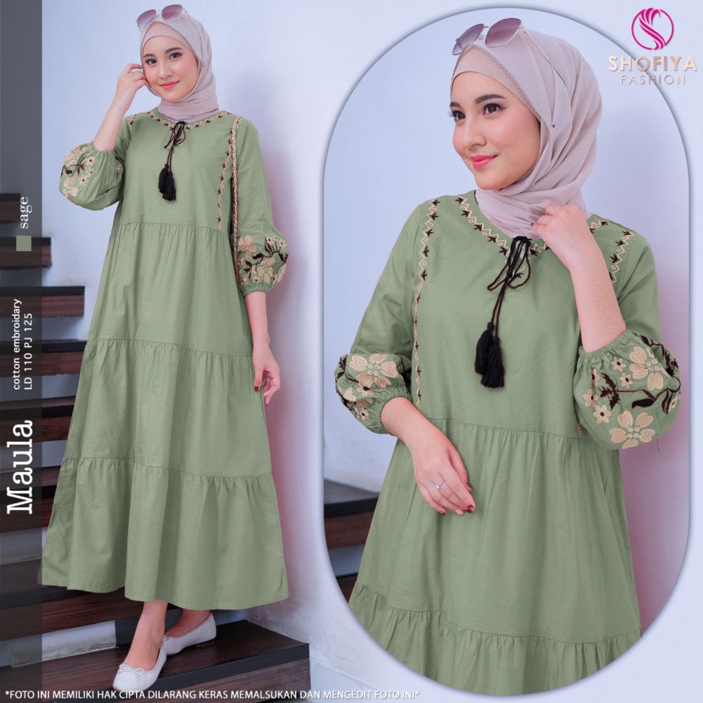 Maula Midi Dress Original Shofiya Fashion Bahan Cotton Embroidary Gamis Katun Shofiya Maula Bordir