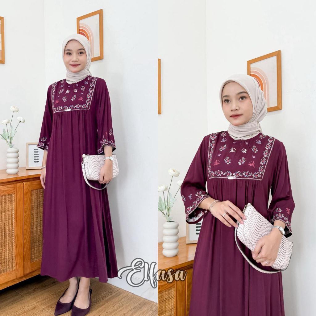 Midi semi gamis bordir lengan 3/4 - midi semi gamis rayon twill premium - midi semi gamis viral bord