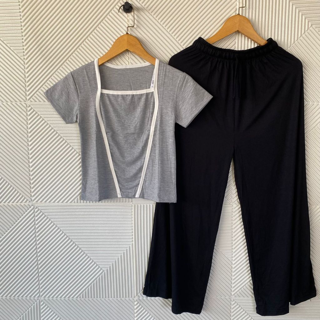 Shabhira - Setelan Celana Panjang Wanita Premium / One Set Crop Top Kerah Kerah Kotak Kode 2000