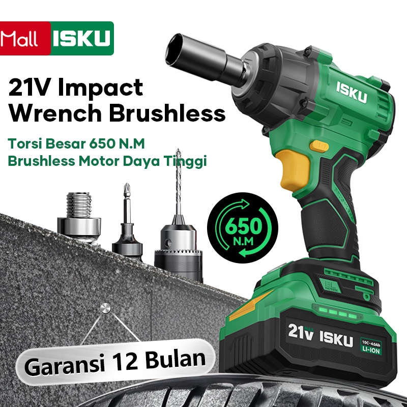 ISKU Kunci Impact Brushless 21V 650NM ISKU, Kunci Pas Listrik Industrial untuk Bongkar Ban Mobil & P