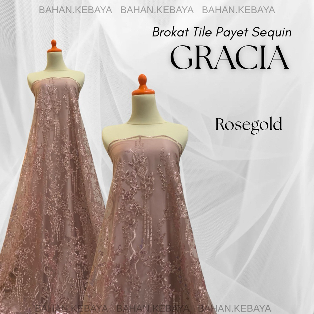Kain Bahan Kebaya Brukat Tile Tulle Bordir Gracia Mewah Warna Pink Rosegold Merah Muda