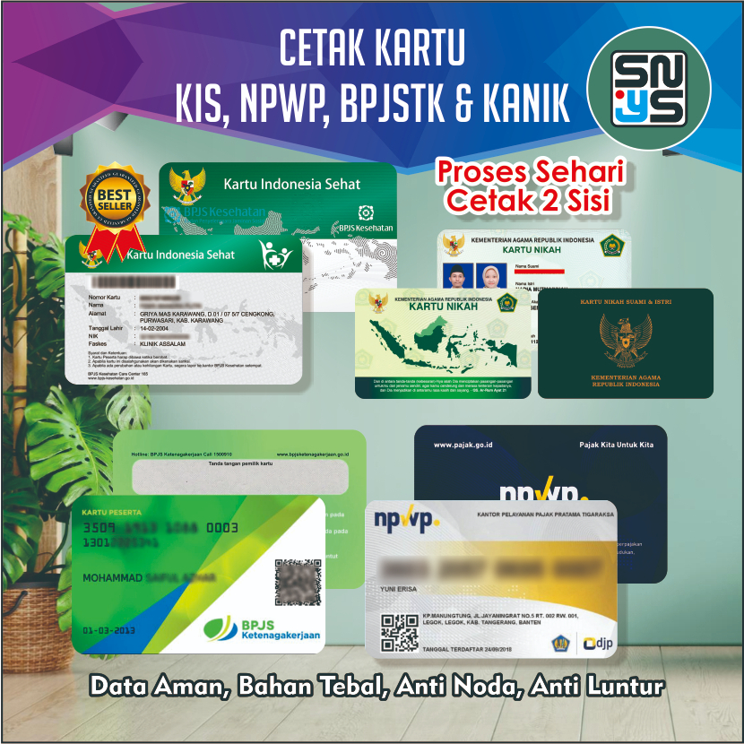 

CETAK KARTU KIS, NPWP, BPJSTK DAN KANIK Bahan PVC Printable Card uk. 86 mm x 54 mm, Cetak 2 Sisi, Anti Luntur, Berkualitas