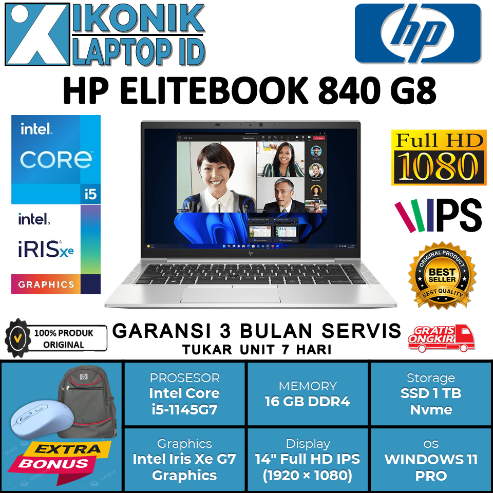 Laptop Intel Core i5 HP Elitebook 840 G8 Ram 16 GB Ssd 512 GB Layar 14" Full HD Window 11 PRO
