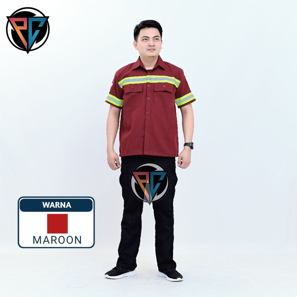 PC- Kemeja safety warna merah maroon lengan pendek baju safety lengan pendek wearpack safety lengan 