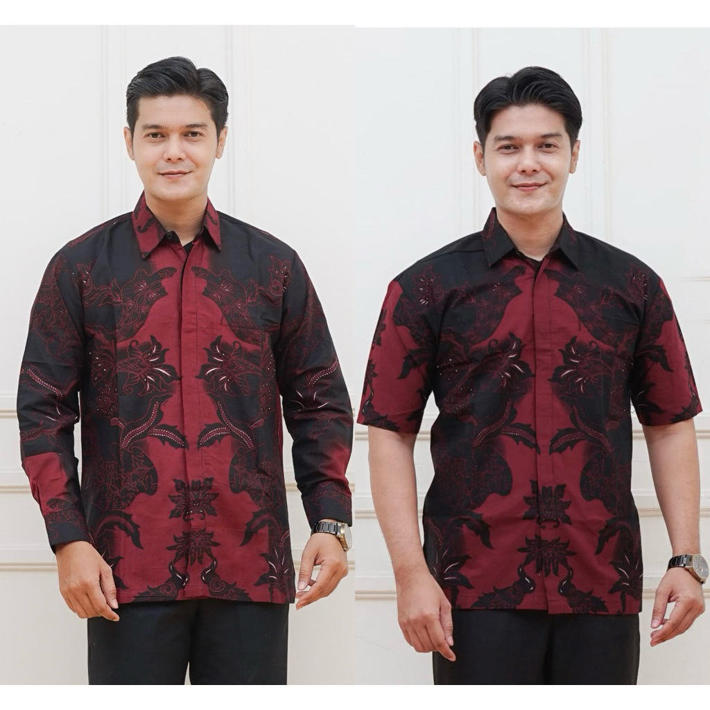 Kemeja hem batik pola merah baju pria dewasa/remaja motif terbaru katun halus premium