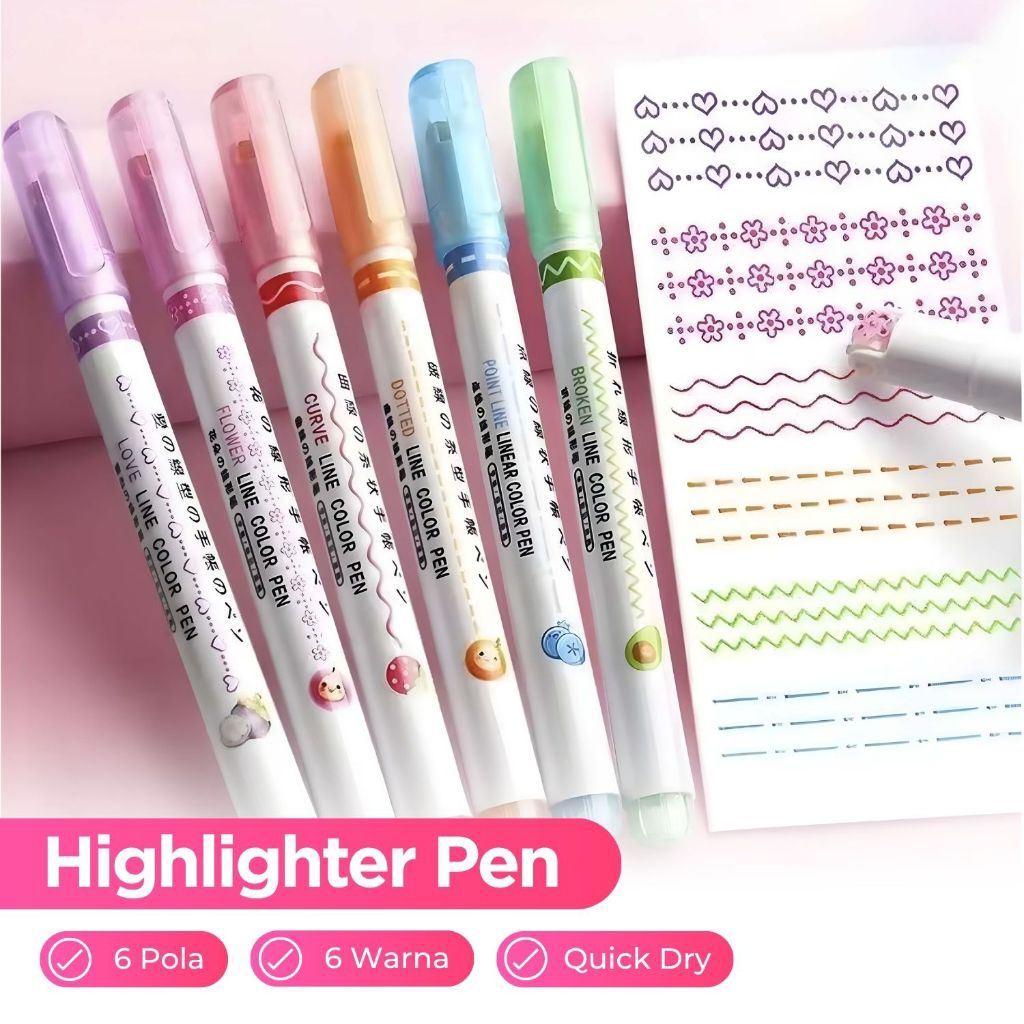 

6 Pcs Pena Spidol Renda Flower Line Shape Highlighter Pen Bullet Journal Linear Countour Color Pen