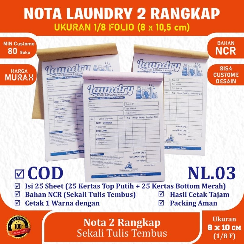 

Nota Laundry 1/8 folio Rangkap 2 (2 ply) isi 25 set NCR Motif NL.2