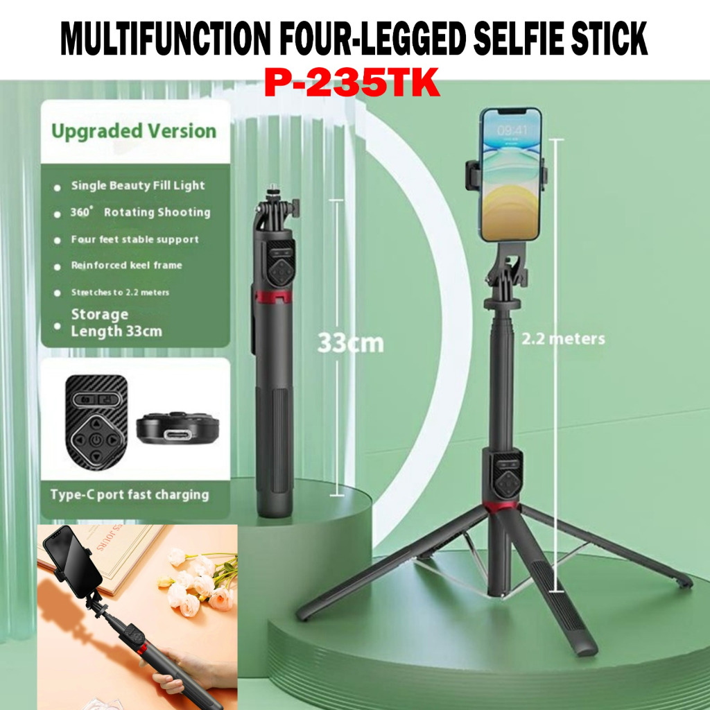 Tongsis Tripod dengan Remote Bluetooth Panjang 2 meter Multifunction Four Legged Selfie Stick P-235T