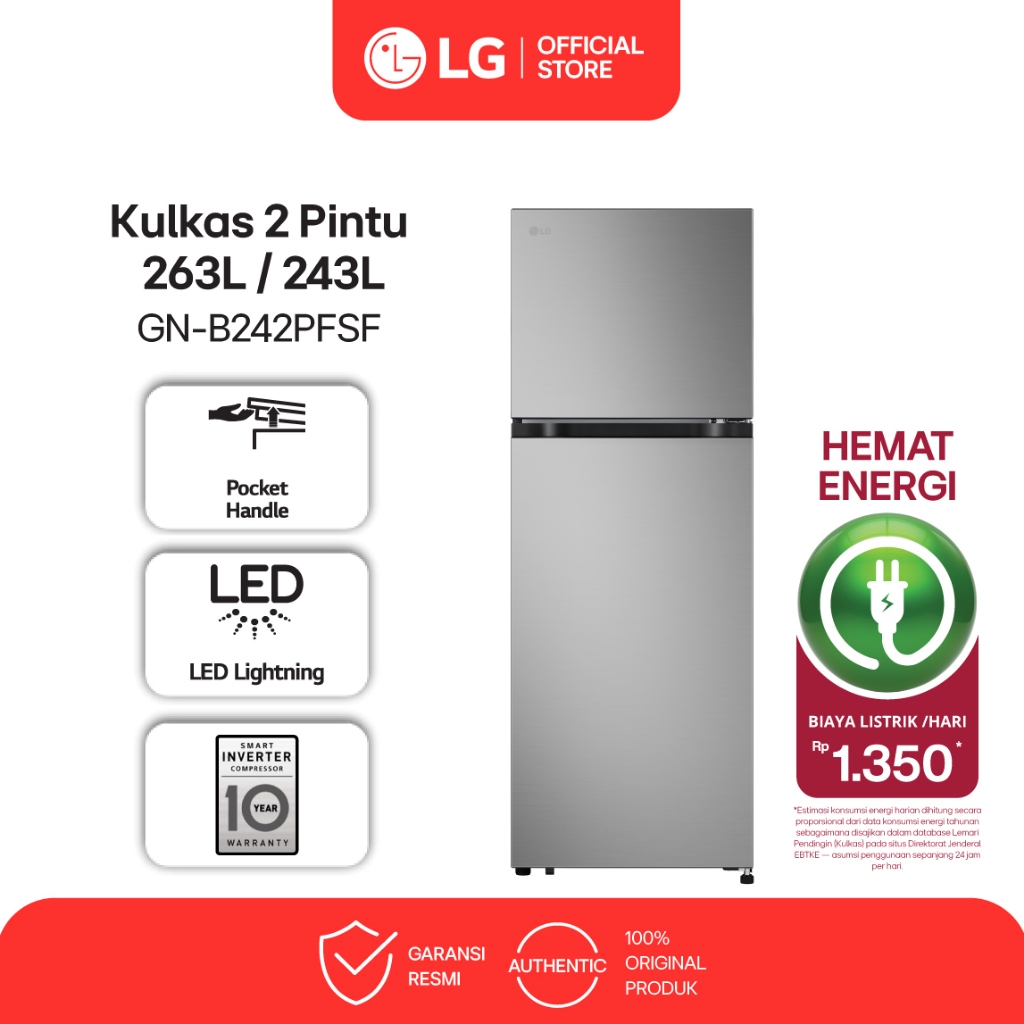 LG Kulkas 2 Pintu 263L / 243L - Inverter Compressor - No Frost - Rak Kaca Tempered - Prime Silver - 