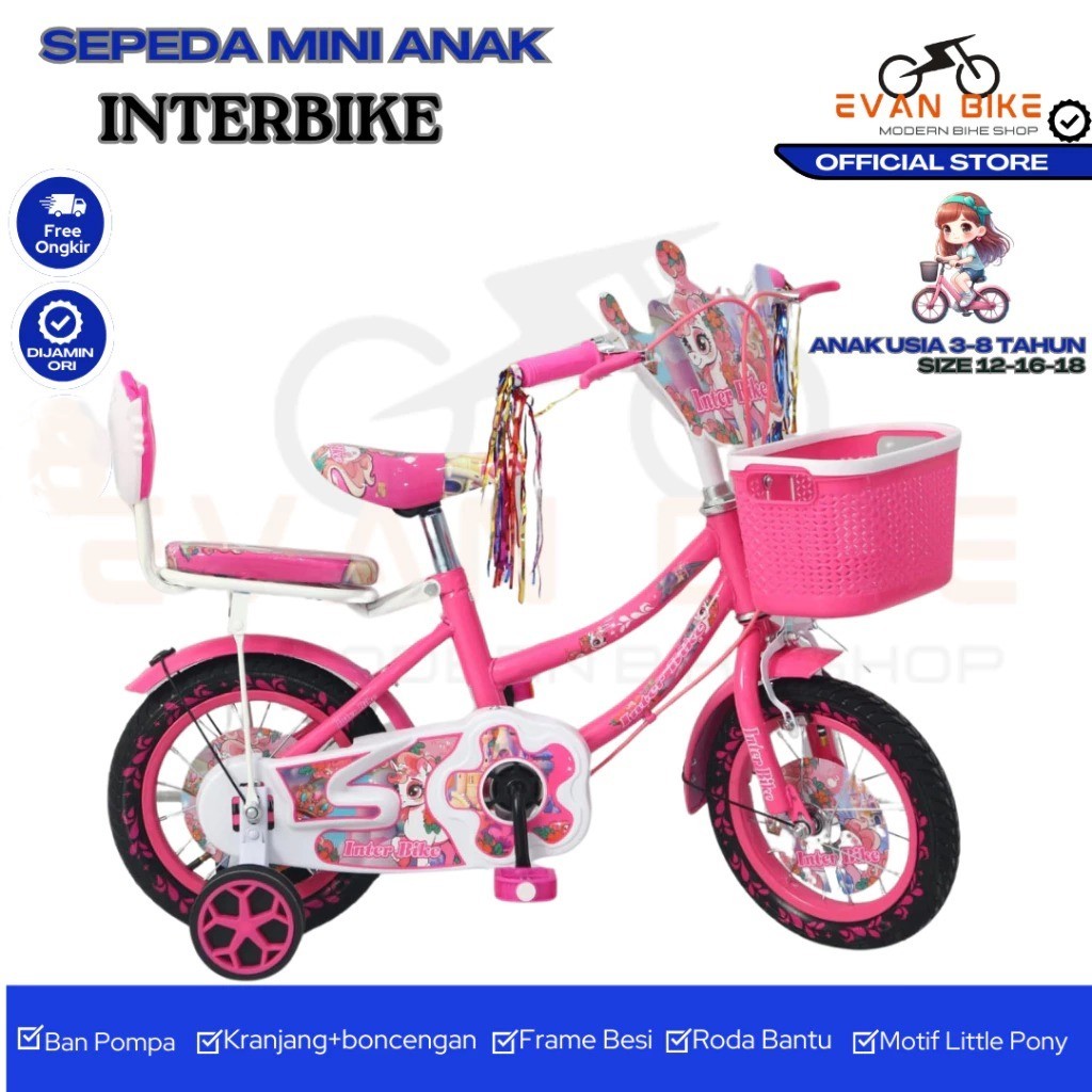[ SALE ] Sepeda Anak Perempuan INTERBIKE Ukuran 12 16 18 Inch Keranjang Usia 2-8 Tahun