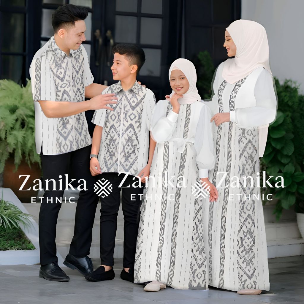 Set Couple Family Baju Tenun Couple Keluarga Padma Series Putih Tulang Dress X Kemeja Tenun Ethnik P