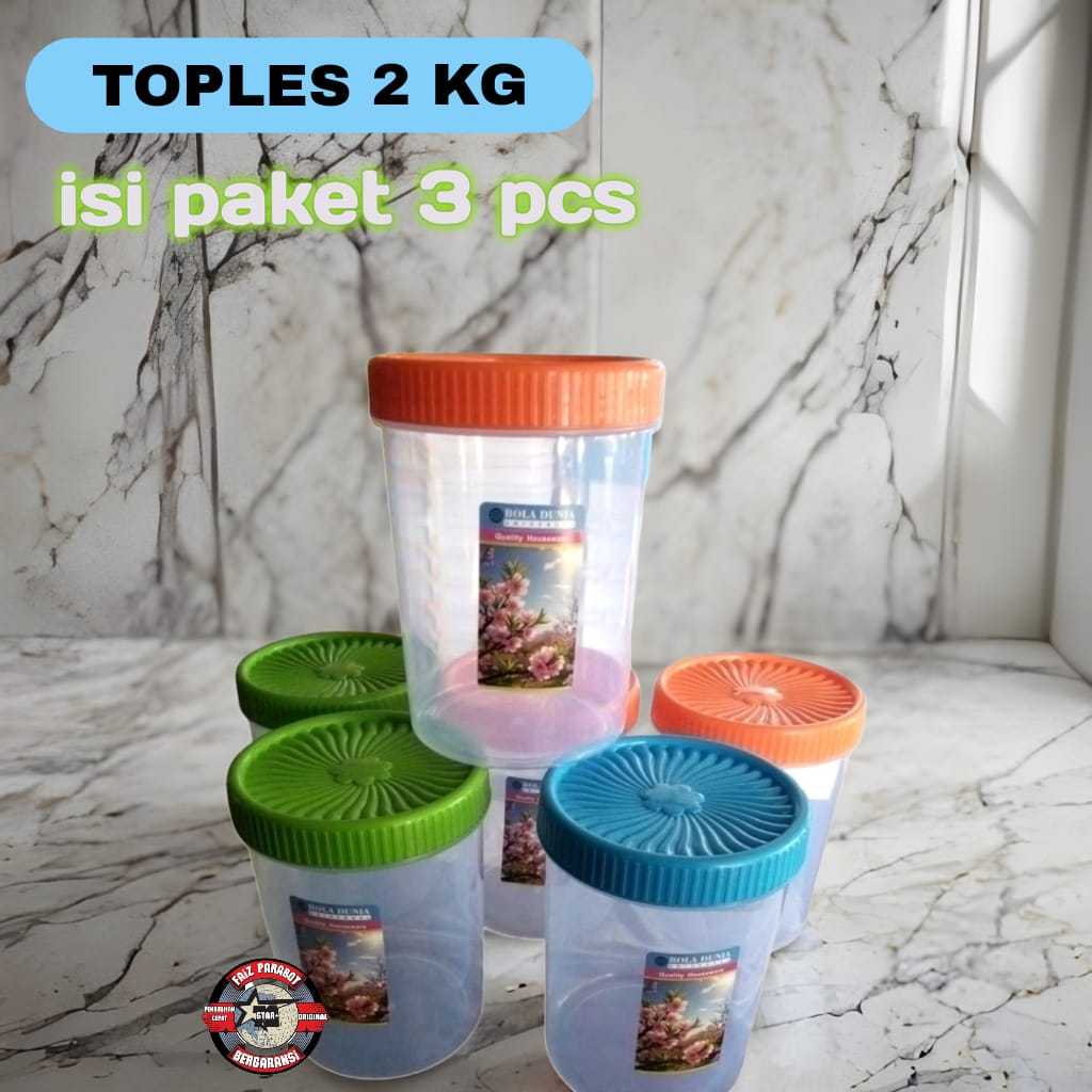 ( paket isi 3 pcs ) Toples 2 kg Bola Dunia ulir drat / toples kerupuk 2kg / toples Bola Dunia 2kg ul