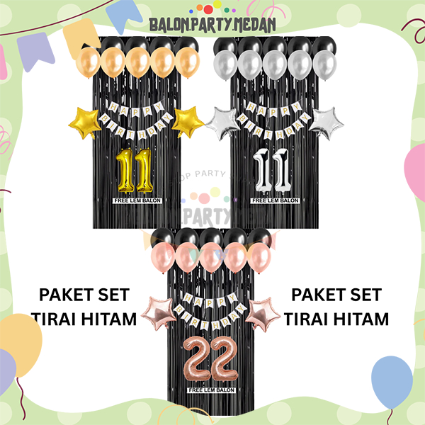 Paket Set Dekorasi Ulang Tahun Tirai Foil Hitam Happy Birthday Set