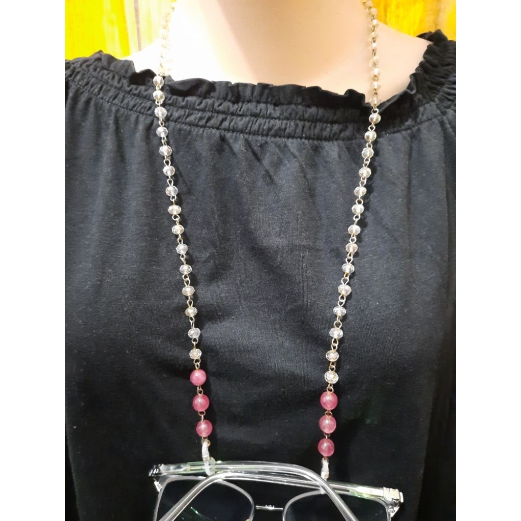 Kalung kacamata batu kristal bening mix batu agate pink