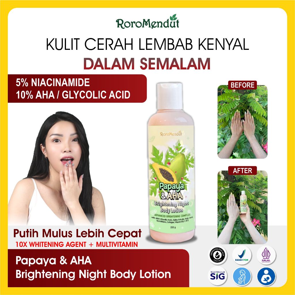 𝐑𝐎𝐑𝐎 𝐌𝐄𝐍𝐃𝐔𝐓 Papaya & AHA Night Whitening Brightening Body Lotion BPOM HALAL Losion Malam Pepaya Arbu