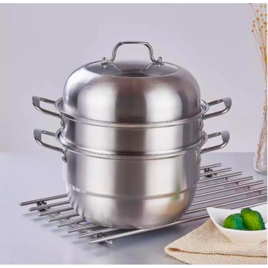 Panci Steamer 3 Tingkat Kukusan Stainless Steel Panci Multifungsi 32cm